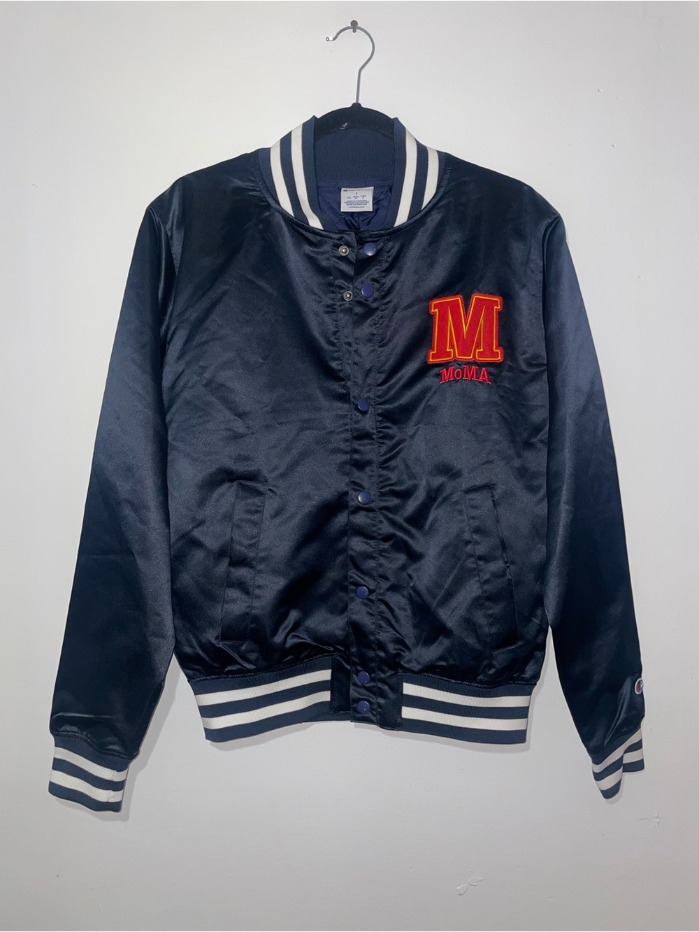 Moma Navy Satin Bomber Jacket with Red & Gold 'M' Patch